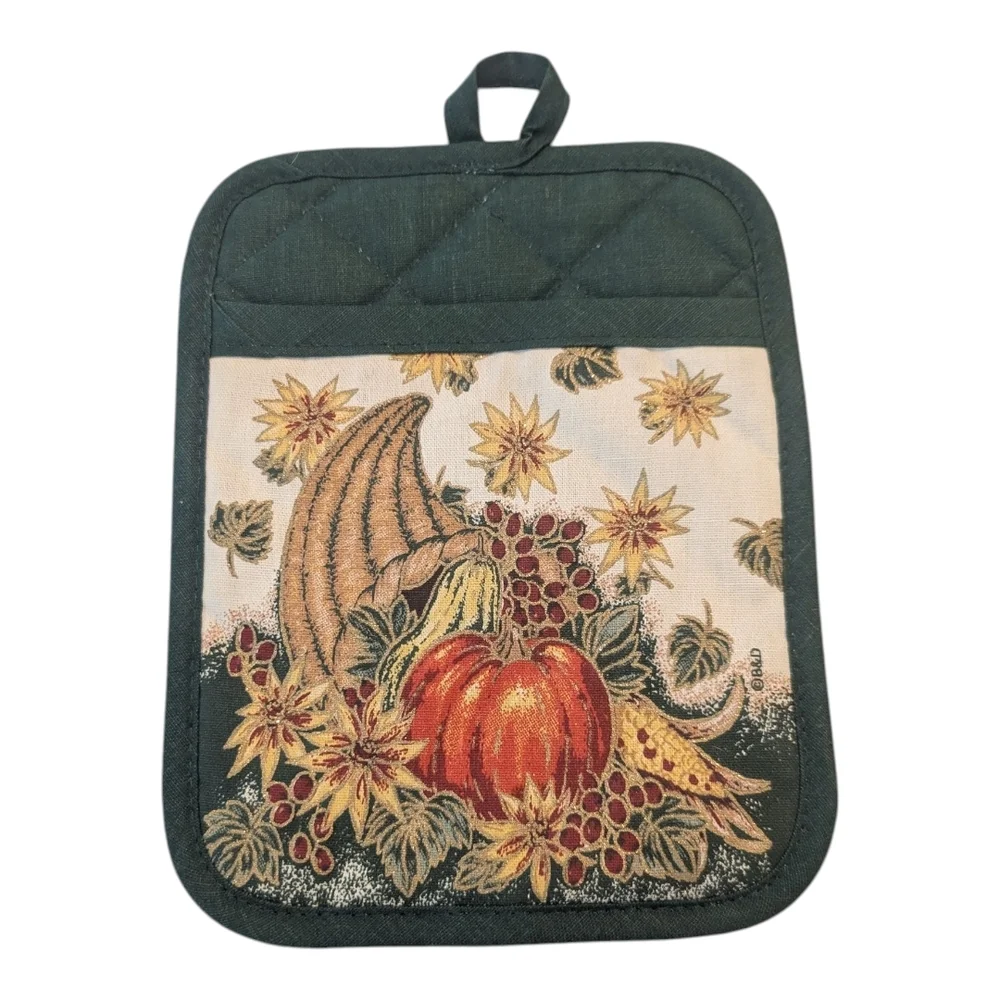 Vintage Pair Fall Thanksgiving Quilted Pumpkin Cornucopia Pocketed Potholders